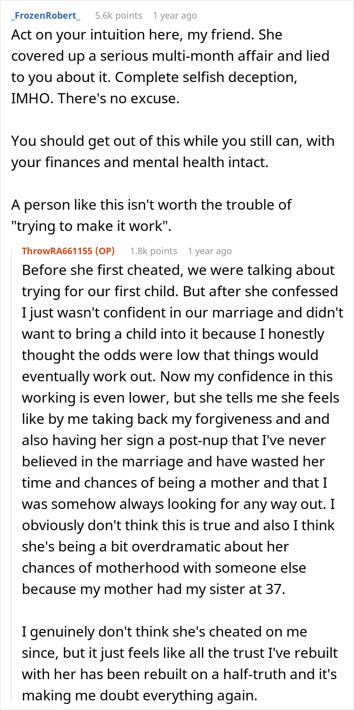 Reddit user discusses discovering his wife&rsquo;s cheating involved a multi-month affair and the impact on their marriage and trust.