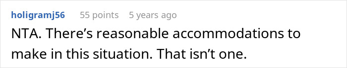 Screenshot of an online comment stating reasonable accommodations should be made, discussing cousin with cancer borrowing baby request.