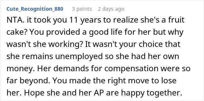 Comment discussing an unemployed woman cheating on her boyfriend with a jobless man and asking her ex to fund her life.