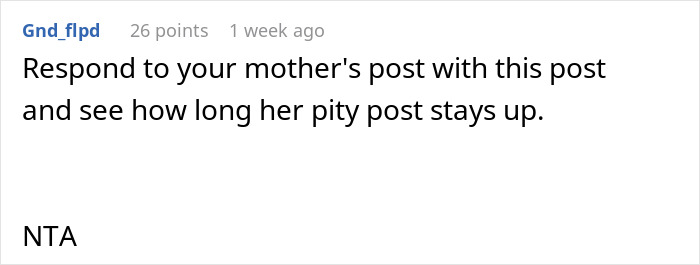 Screenshot of a Reddit comment suggesting to respond to a mother's post to test how long it stays up, with NTA at the end.