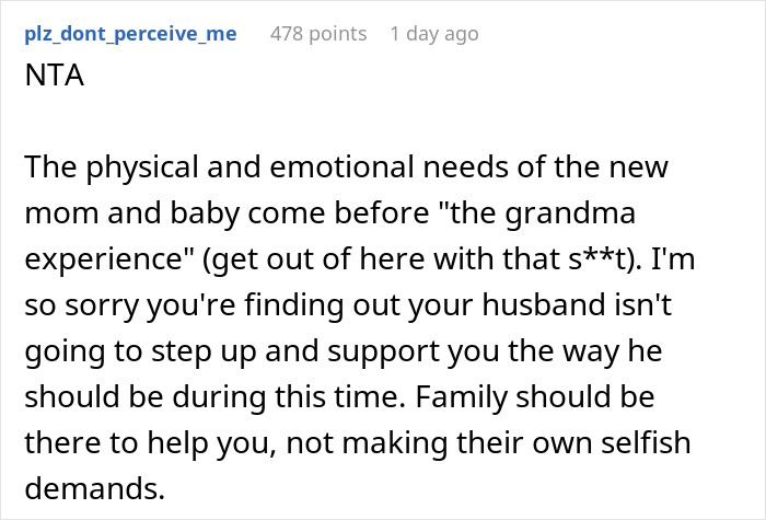 Comment about new mom prioritizing her and baby&rsquo;s needs over husband&rsquo;s in-laws who are not helping or supporting.