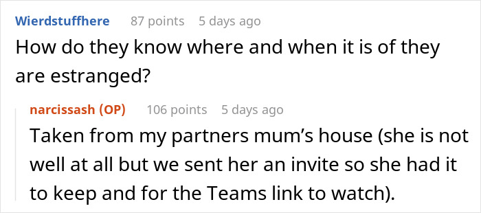 Screenshot of a forum discussion about estranged relatives demanding access to a wedding they were not invited to.