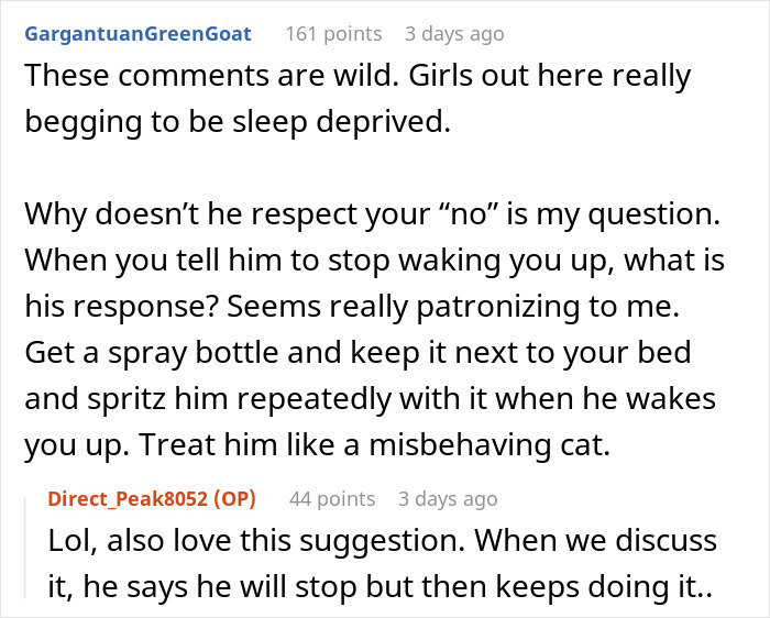 Couple in bed with man giving morning kisses, annoying tired girlfriend fed up with lovey-dovey ritual and I love yous.