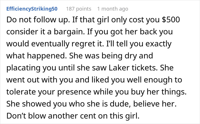 Screenshot of a Reddit comment advising not to follow up with a girl who expects thousands spent on two dates.