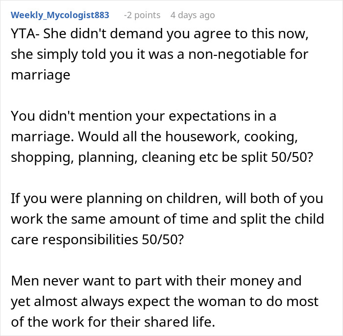 Comment discussing a woman forcing boyfriend to sign a contract for a share of his income and marriage expectations.
