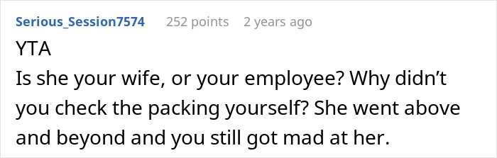 Comment thread criticizing man blaming wife for no slacks on business trip, with user calling him out.