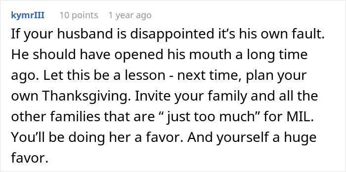 Comment text about a woman refusing to attend her MIL&rsquo;s Thanksgiving after being reinvited due to guests flaking.