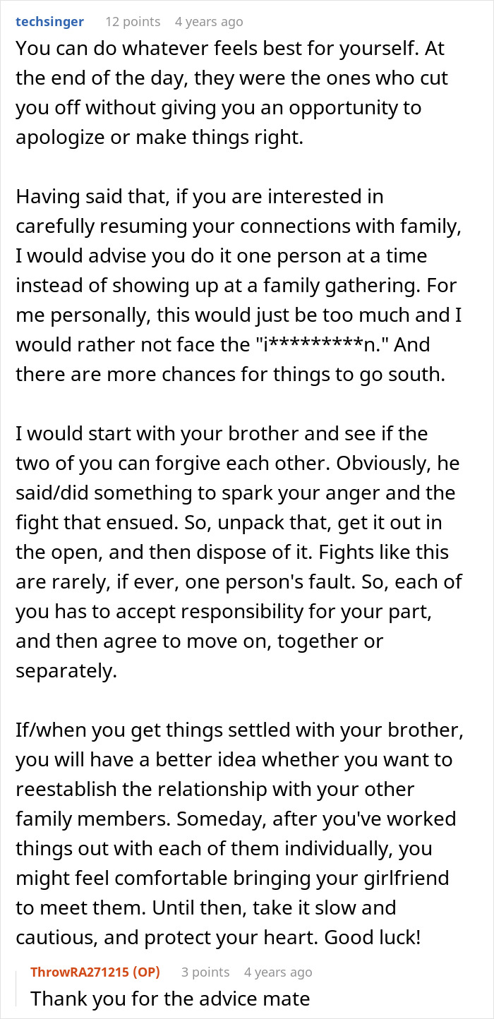 Text discussion about family deciding to forgive man for beating his brother five years ago and related advice.