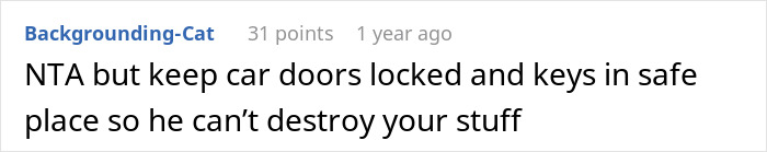 Comment about keeping car doors locked and keys safe to prevent brother from destroying girly car, highlighting sibling dispute.