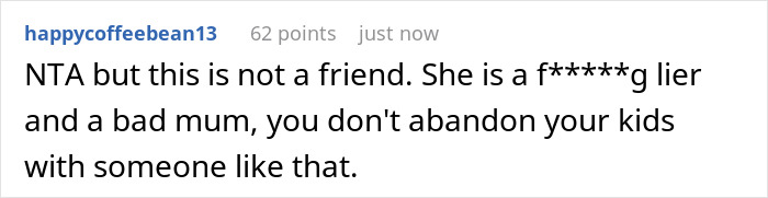 Screenshot of a comment calling out a babysitter as a bad mom and dishonest after being asked to babysit for 20 minutes.