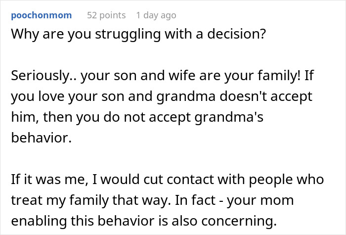 Comment discussing a man confused why his grandma rejects his stepson and addressing family conflicts and acceptance issues.