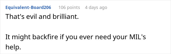 Screenshot of a comment discussing MIL running to the priest after son-in-law&rsquo;s revenge, highlighting a funny and clever situation.