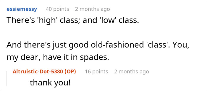Reddit comment praising a woman proving husband's family are lying snobs with a simple switch, highlighting class differences.