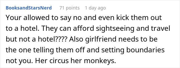 Comment about GF&rsquo;s parents visit causing problems over suite bedroom and BF&rsquo;s car, stressing boundaries and setting limits.