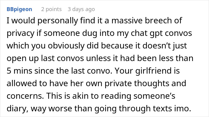 Comment discussing privacy concerns about using AI as a personal relationship coach and fears of partner upgrades.