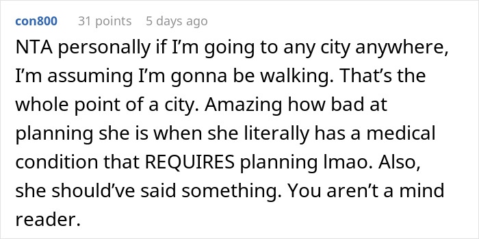 Comment discussing frustration about a walking trip taken without warning despite friend&rsquo;s diabetic condition requiring planning.