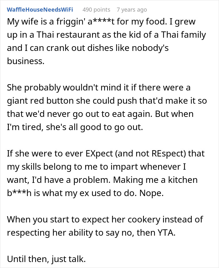 Couple with chef girlfriend deciding not to go to restaurants, highlighting respect and boundaries in cooking and dining choices.