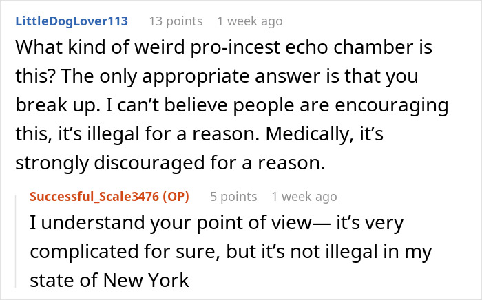 Screenshot of an online discussion about a woman discovering she&rsquo;s engaged to her first cousin after a shocking family Christmas.