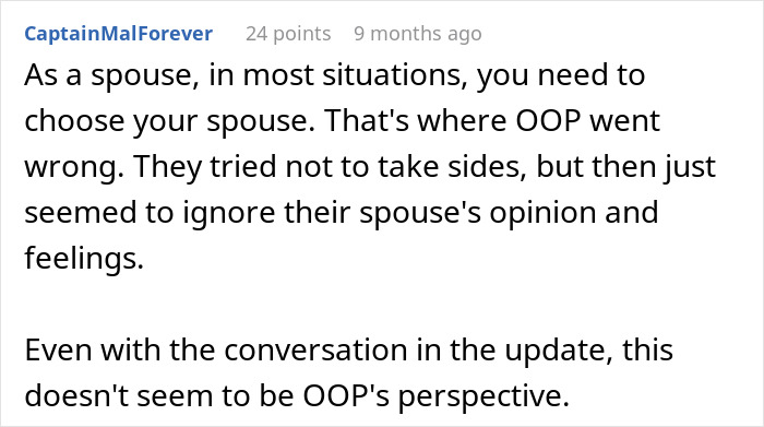 Screen capture of a Reddit comment discussing feeling torn between husband and mother-in-law after secretly helping her.