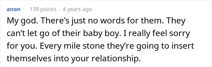 Comment expressing frustration about husband parents coming honeymoon surprise, saying they can't let go and disrupt the relationship.