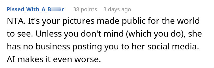Comment discussing discomfort about AI images, mentioning woman uncomfortable with AI images shared publicly on social media.