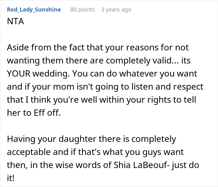 Comment defending bride-to-be&rsquo;s choice to exclude sister&rsquo;s unruly kids from wedding, asserting it&rsquo;s her day.