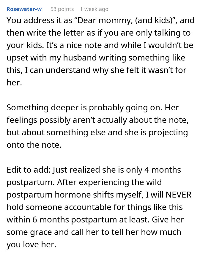 User comment discussing a husband's note to wife postpartum and the emotional complexities behind her reaction.