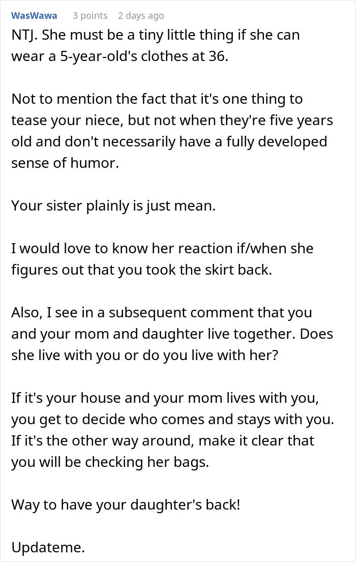 Comment discussing woman stealing 5-year-old niece&rsquo;s skirt and the family dynamics involved in the situation.