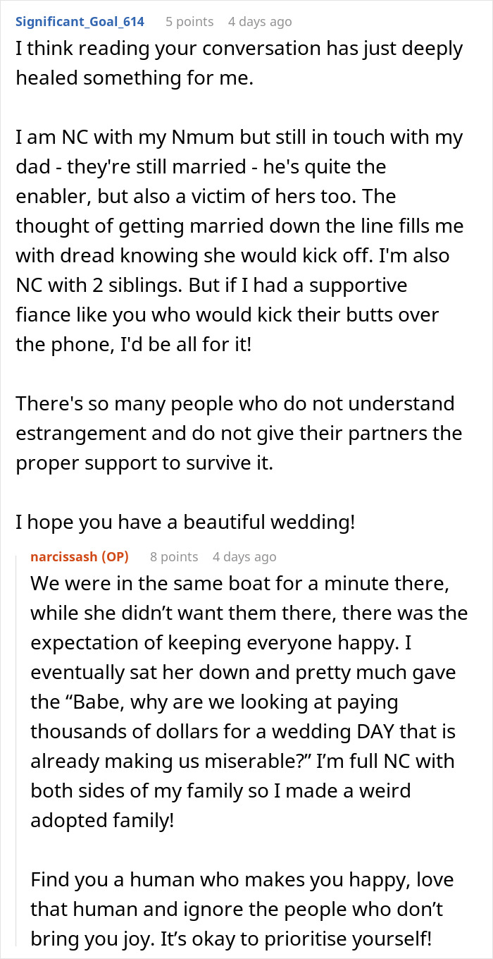 Excerpt from a discussion about estranged relatives demanding access to a wedding they were never invited to.