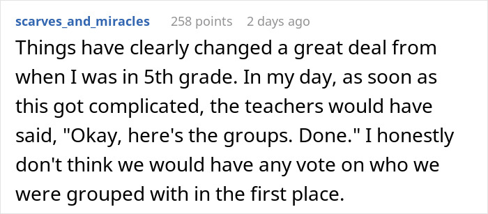 Comment discussing changes in school group assignments compared to past experiences with no student input in group selection.