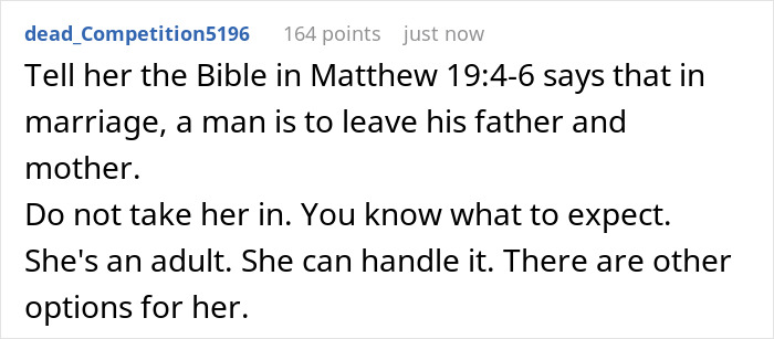 Text post discussing adult son refusing religious mom moving in, addressing guilt trips and biblical references about family roles.