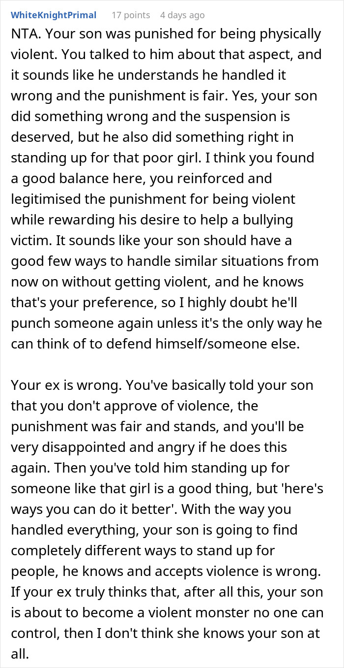 Alt text: Text discussion about dad taking son out to celebrate after he punches a bully and the ex wife&rsquo;s negative reaction.
