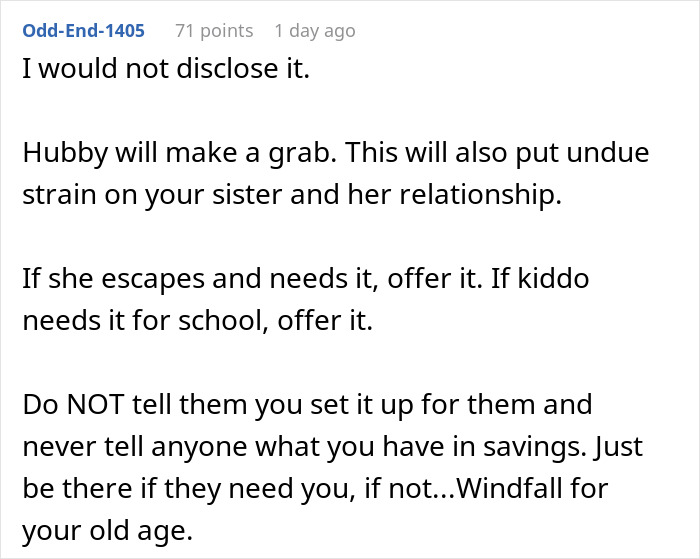 Commenter advises keeping a secret fund to support a sister who became a tradwife, cautioning about family strain.