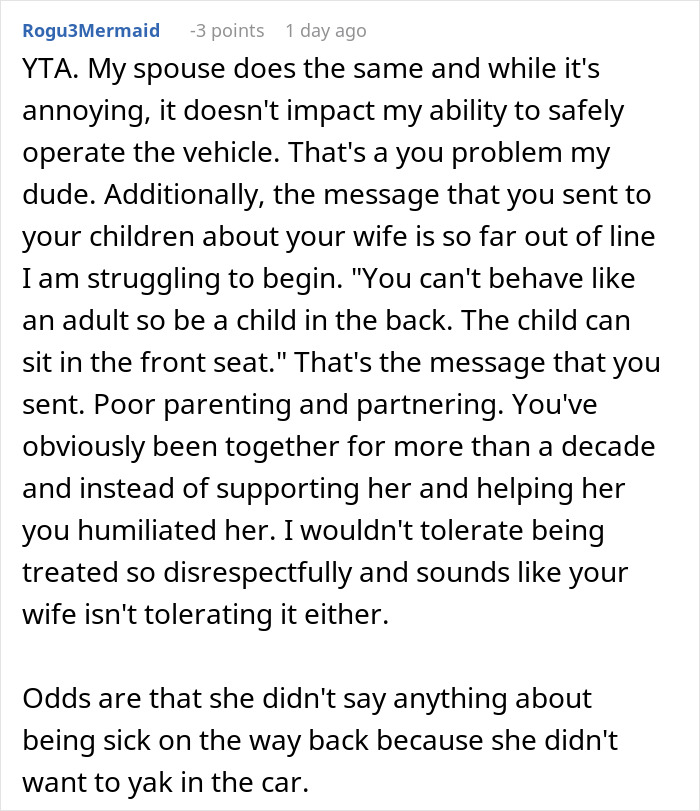 Screenshot of a Reddit comment discussing a husband banning his wife from the front seat after an anxiety meltdown risk.