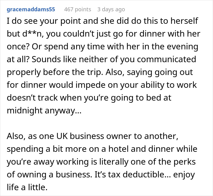 Comment discussing a man frustrated on business trip vs romantic getaway, highlighting communication and work-life balance.