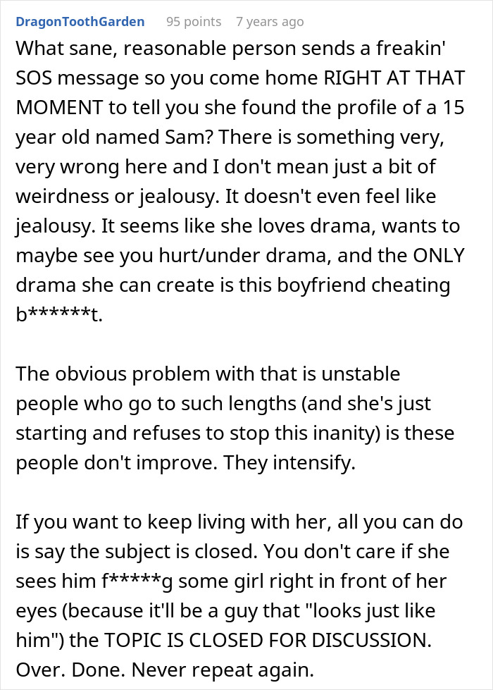 Text excerpt discussing woman fabricating cheating evidence to convince friend, highlighting the plan backfiring and emotional drama involved.