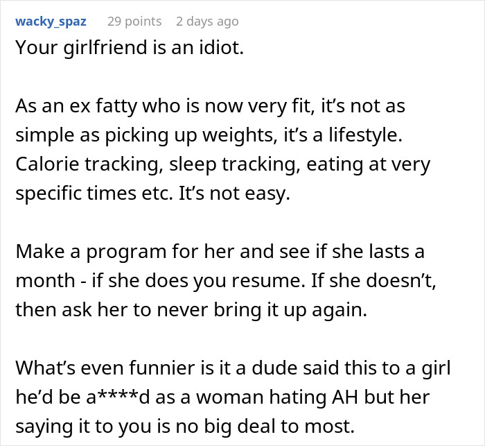Comment discussing a woman demanding her swimmer boyfriend resemble her friend&rsquo;s partner and his reaction.