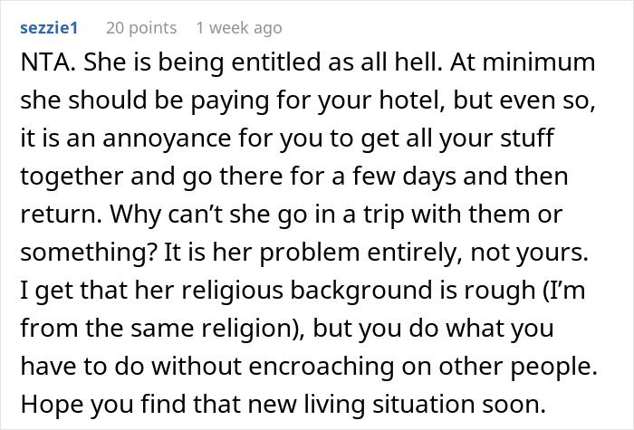 Screenshot of an online comment discussing a guy refusing to pay for a hotel to help his roommate lie to her conservative family.