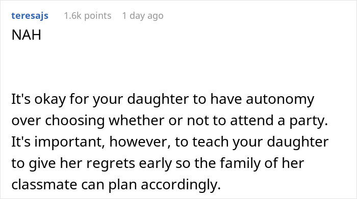 Reddit screenshot showing comment NAH about parent wonders if daughter should attend a birthday others are skipping Reddit screenshot showing comment NAH about parent wonders if daughter should attend a birthday others are skipping