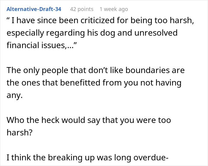 Comment discussing unresolved issues involving ex’s dog and boundaries, reflecting woman can’t handle situation with dog. Comment discussing unresolved issues involving ex’s dog and boundaries, reflecting woman can’t handle situation with dog.