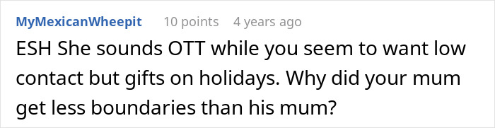 Comment discussing family boundaries and holiday gift expectations, highlighting issues in ruining family relationship lying MIL.