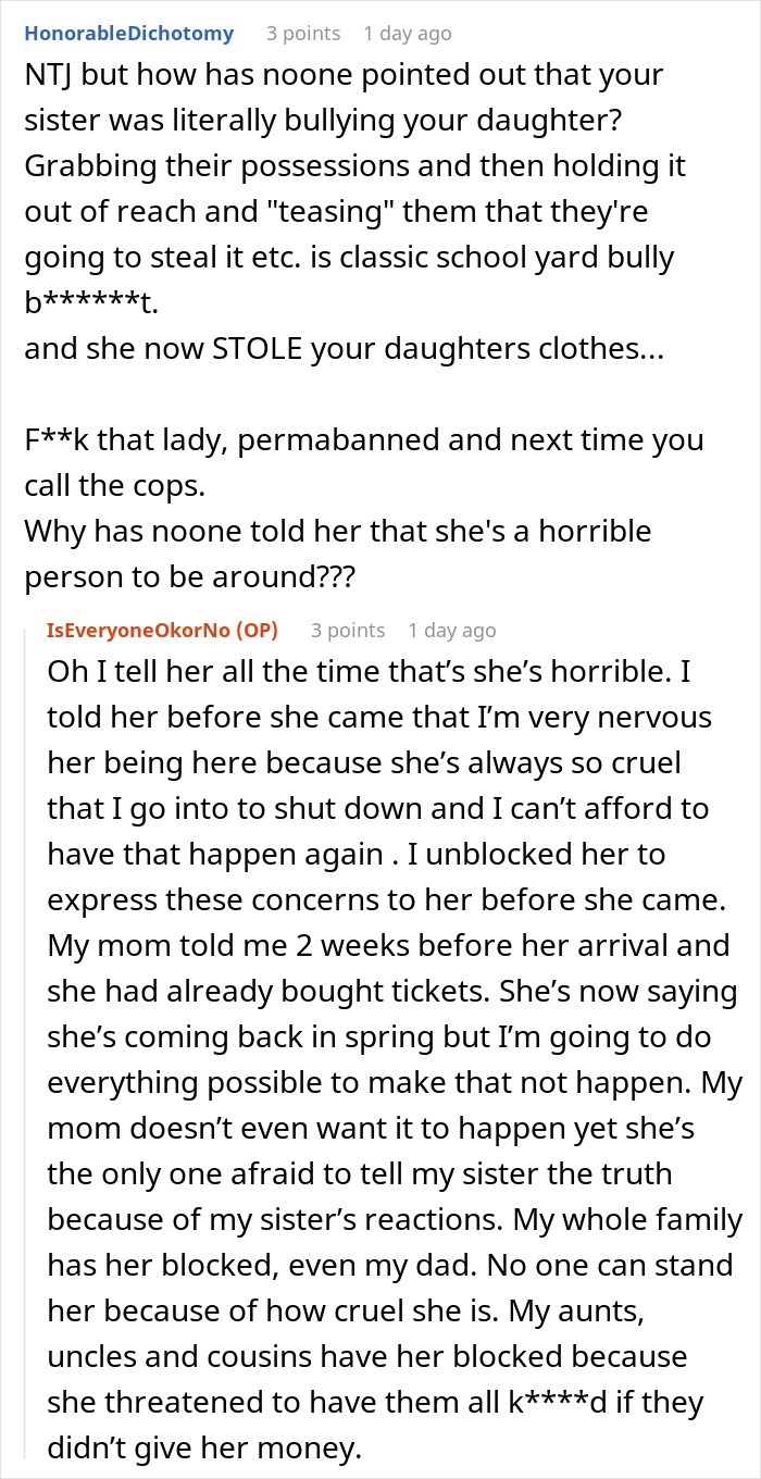 Comment discussing woman stealing 5-year-old niece&rsquo;s skirt and lying when caught, describing family conflict and bullying behavior.