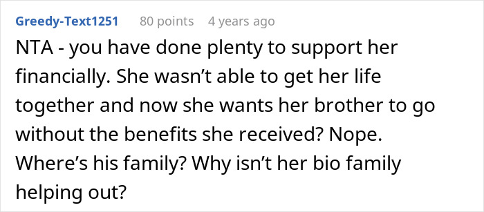 Screenshot of Reddit comment about a selfish lady ignoring adopted family while bonding with bio family