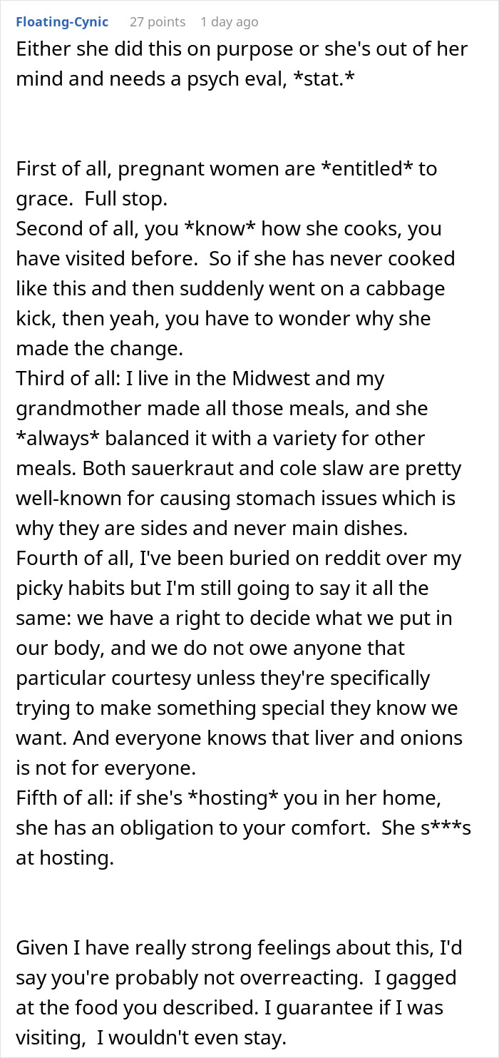 Comment text discussing pregnant woman declining expired food from her pantry and MIL&rsquo;s meals causing conflict.