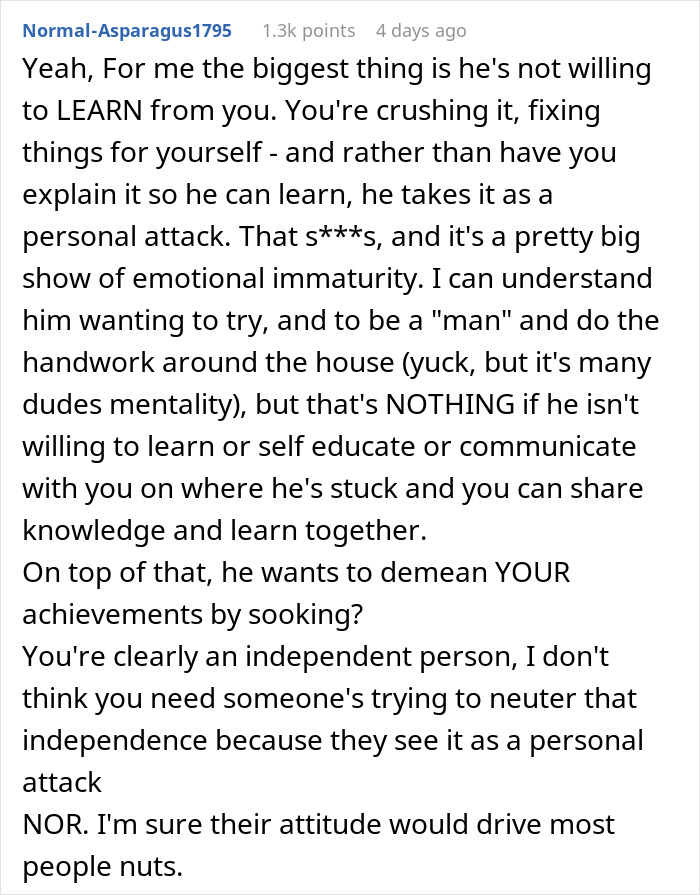 Alt text: Woman frustrated as boyfriend feels emasculated when she fixes things, reflecting relationship tension and emotional immaturity.