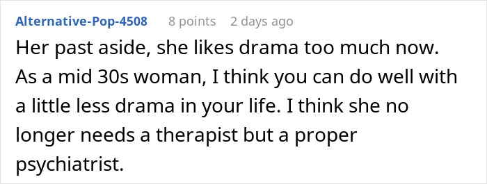 Comment on fianc&eacute;e&rsquo;s obsession with her bully affecting relationships, suggesting need for psychiatric help.