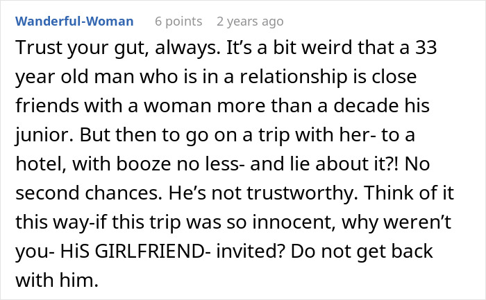 Text message discussing lying boyfriend who went on a trip with a female friend, warning about trust and relationship doubts.