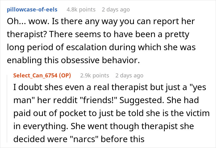 Reddit conversation discussing fianc&eacute;e&rsquo;s obsession and stalking behavior ruining relationships and impact on therapy progress.