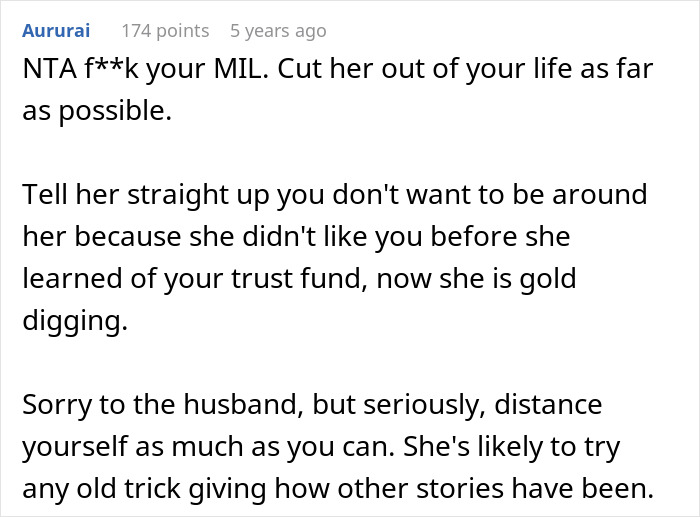 Comment expressing support for woman hiding finances from MIL who reacts negatively after discovering wealth.