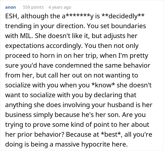 Comment criticizing boundary-setting efforts, illustrating issues in ruining family relationship lying mil dynamics.